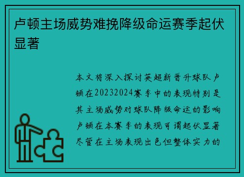 卢顿主场威势难挽降级命运赛季起伏显著